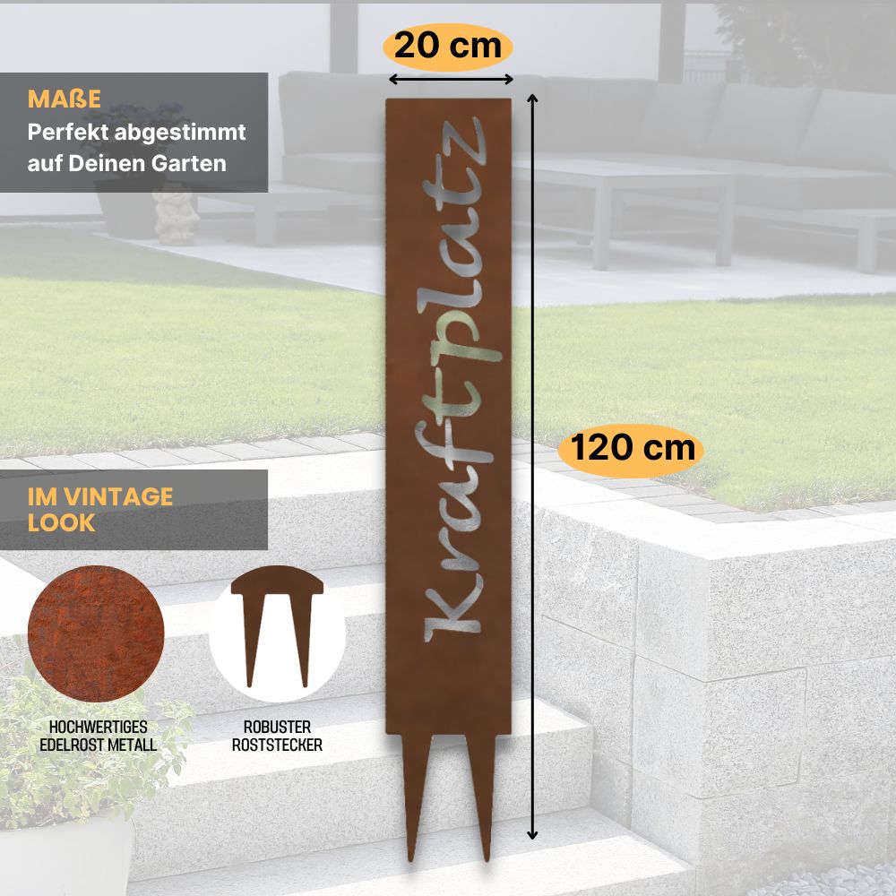 "Kraftplatz" Gartenstecker aus Metall in Edelrostoptik