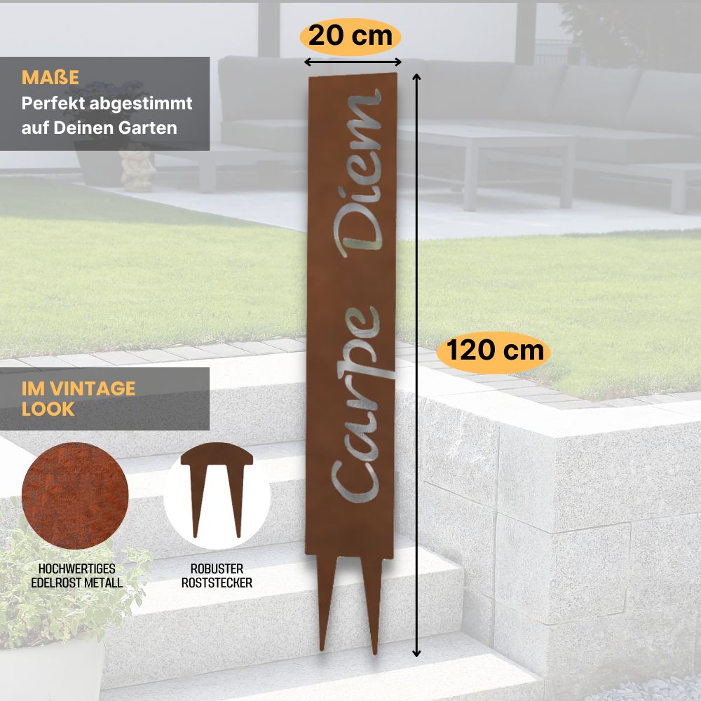 "Carpe Diem" Gartenstecker aus Metall in Edelrostoptik