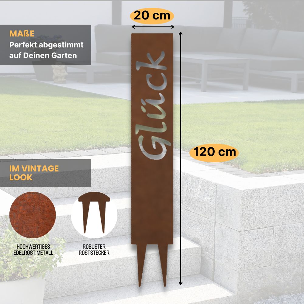 "Glück" Gartenstecker aus Metall in Edelrostoptik