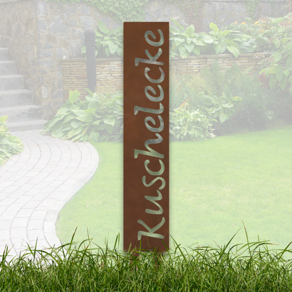 "Kuschelecke" Gartenstecker aus Metall in Edelrostoptik – Wetterfestes Gartenschild – Stilvolle Gartendekoration im Vintage-Look
