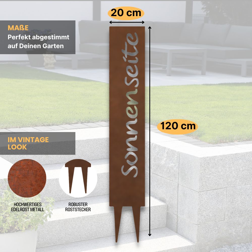 "Sonnenseite" Gartenstecker aus Metall in Edelrostoptik