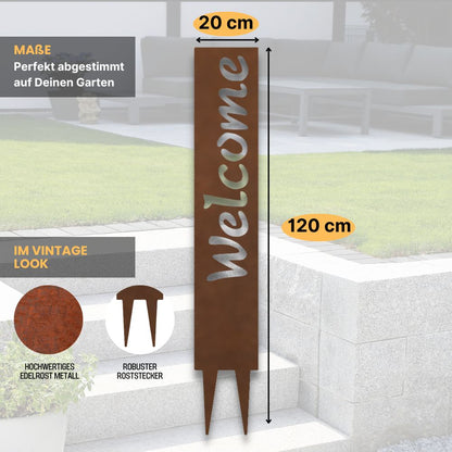 "Welcome" Gartenstecker aus Metall in Edelrostoptik