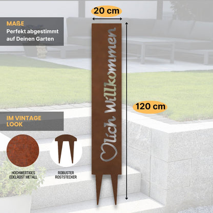 "Herzlich Willkommen" Gartenstecker aus Metall in Edelrostoptik