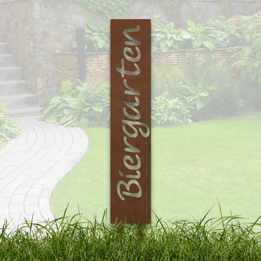 "Biergarten" Gartenstecker aus Metall in Edelrostoptik – Wetterfestes Gartenschild –  Stilvolle Gartendekoration im Vintage-Look