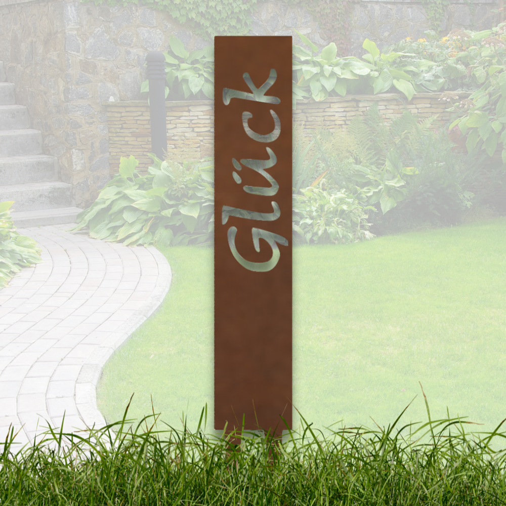 "Glück" Gartenstecker aus Metall in Edelrostoptik – Wetterfestes Gartenschild –  Stilvolle Gartendekoration im Vintage-Look