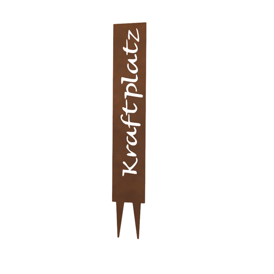 "Kraftplatz" Gartenstecker aus Metall in Edelrostoptik – Wetterfestes Gartenschild –  Stilvolle Gartendekoration im Vintage-Look