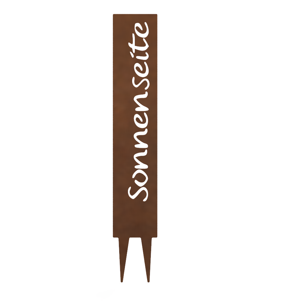 "Sonnenseite" Gartenstecker aus Metall in Edelrostoptik – Wetterfestes Gartenschild –  Stilvolle Gartendekoration im Vintage-Look