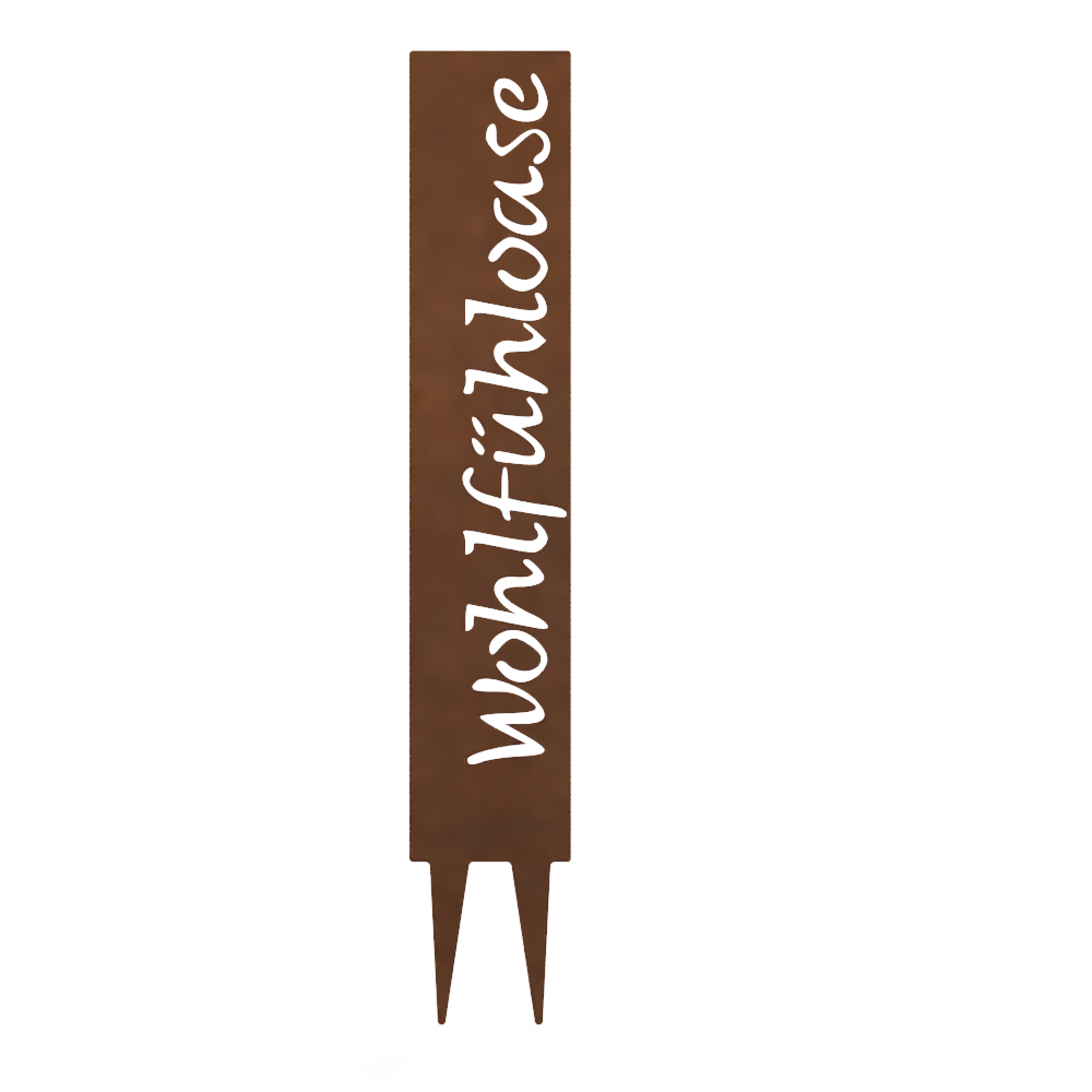"Wohlfühloase" Gartenstecker aus Metall in Edelrostoptik – Wetterfestes Gartenschild –  Stilvolle Gartendekoration im Vintage-Look