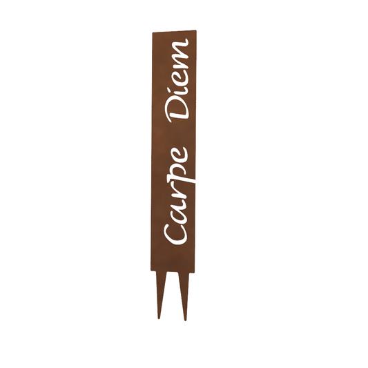"Carpe Diem" Gartenstecker aus Metall in Edelrostoptik – Wetterfestes Gartenschild –  Stilvolle Gartendekoration im Vintage-Look