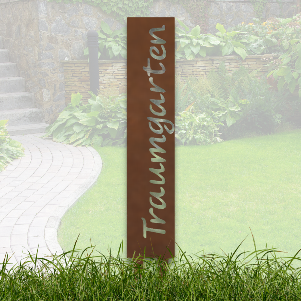 "Traumgarten" Gartenstecker aus Metall in Edelrostoptik – Wetterfestes Gartenschild –  Stilvolle Gartendekoration im Vintage-Look