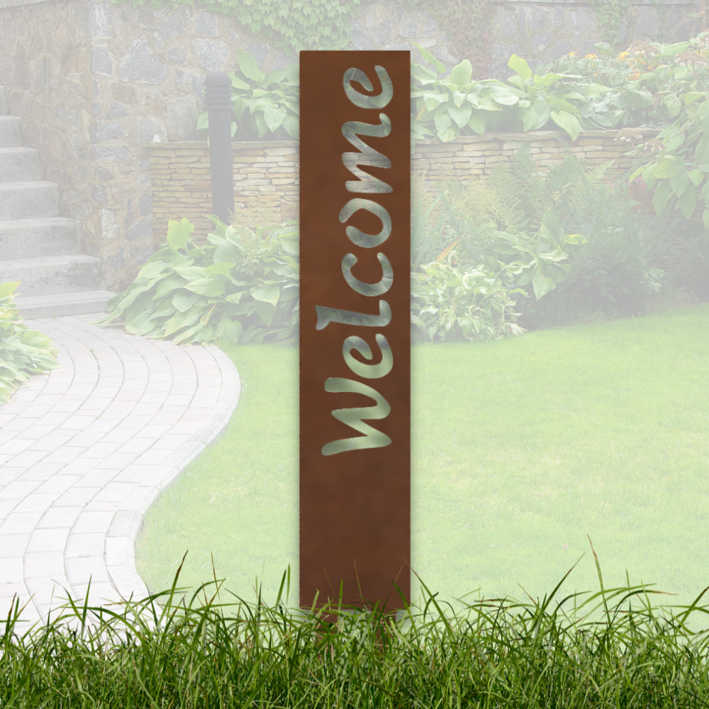 "Welcome" Gartenstecker aus Metall in Edelrostoptik – Wetterfestes Gartenschild –  Stilvolle Gartendekoration im Vintage-Look