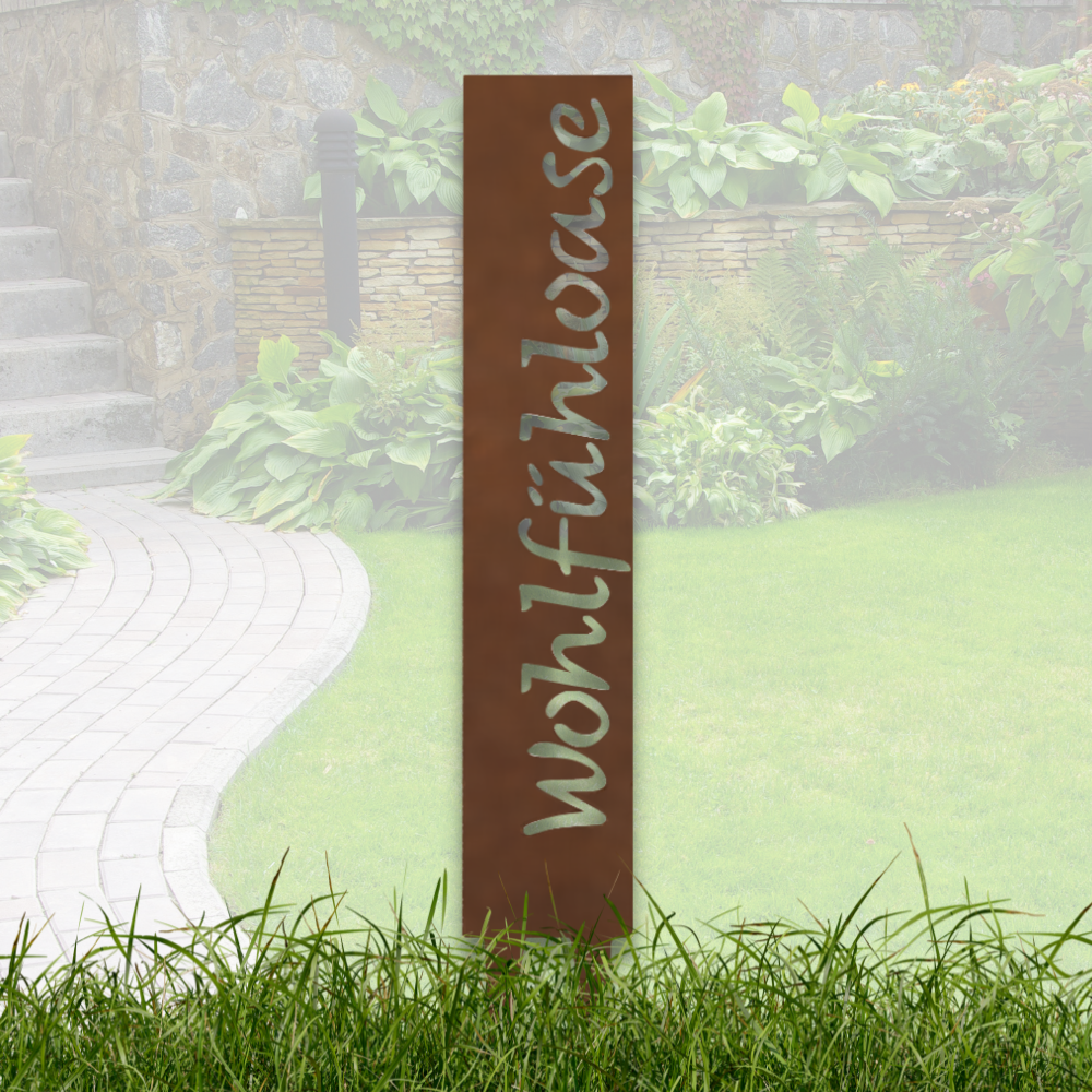 "Wohlfühloase" Gartenstecker aus Metall in Edelrostoptik – Wetterfestes Gartenschild –  Stilvolle Gartendekoration im Vintage-Look
