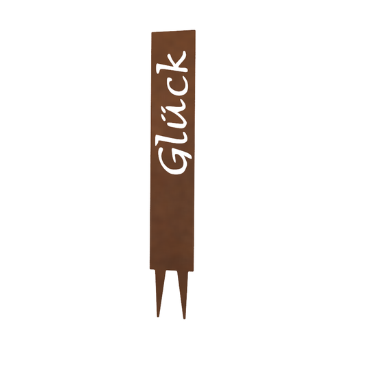 "Glück" Gartenstecker aus Metall in Edelrostoptik – Wetterfestes Gartenschild –  Stilvolle Gartendekoration im Vintage-Look